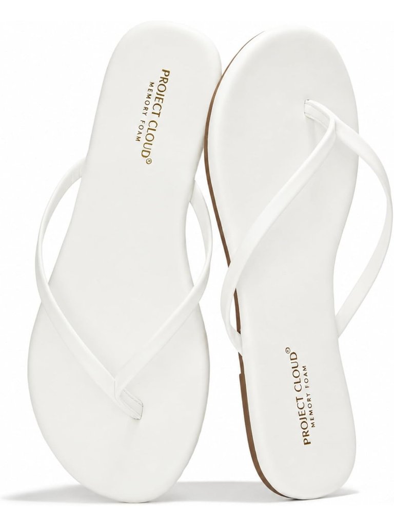 Women's White Flip Flop Lightweight Memory Foam Insole Flat Non Slip Beach Shoes